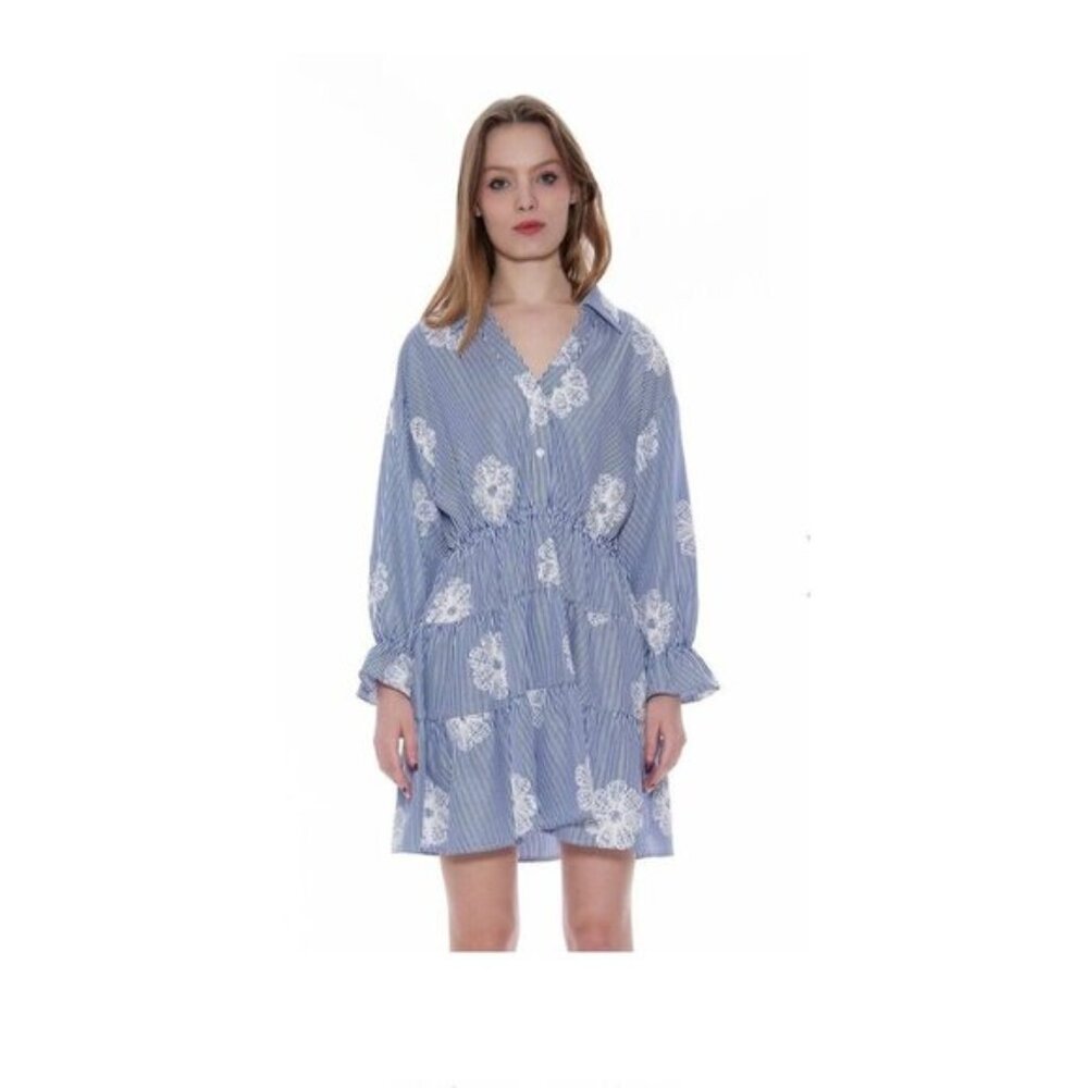 Gracia Floral Embroidered Stripped Ruffle Hem Mini Dress Blue White Sz.M